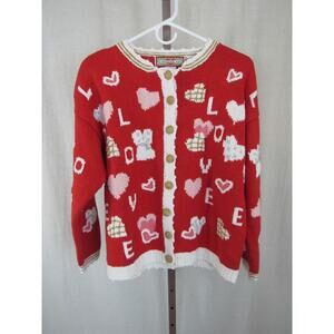 Cardigan Bay Small Knitted By Hand Cardigan Red Hearts Pink Vintage VTG